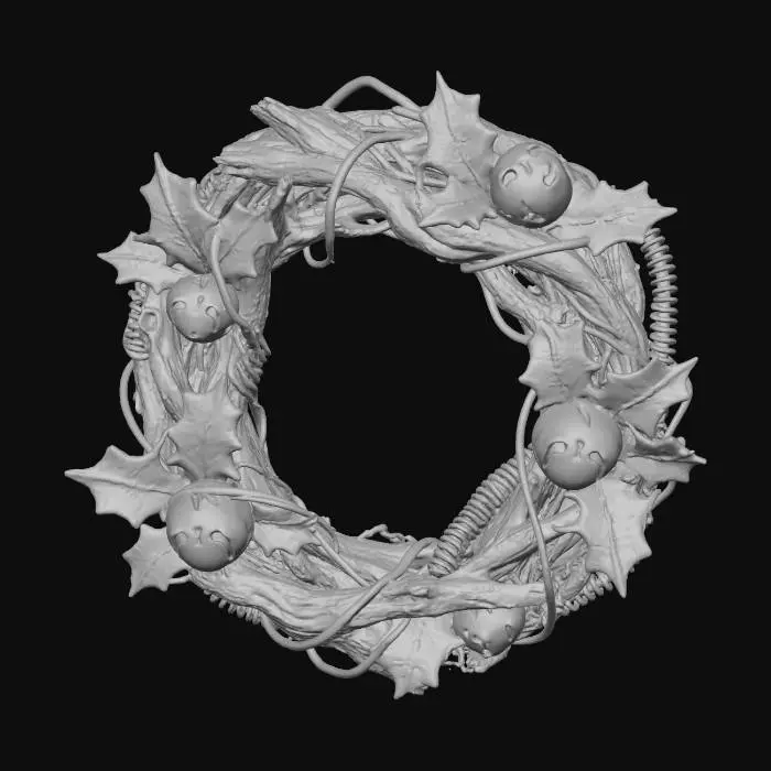 3D model for A **"Bio-Mechanical Christmas Wreath"**, a circular wreath constructed from intertwining **driftwood** branches and **oxidized copper** wires. It features delicate, **bone-white ceramic "holly" leaves** etched with **faded teal tribal symbols**. Interspersed are **glowing desaturated fuchsia orbs** of **recycled plastic**, powered by subtle, **pale electric blue circuitry**, a natural yet technological festive adornment. #Christmas2025#