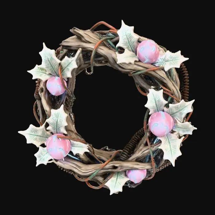 3D model for A **"Bio-Mechanical Christmas Wreath"**, a circular wreath constructed from intertwining **driftwood** branches and **oxidized copper** wires. It features delicate, **bone-white ceramic "holly" leaves** etched with **faded teal tribal symbols**. Interspersed are **glowing desaturated fuchsia orbs** of **recycled plastic**, powered by subtle, **pale electric blue circuitry**, a natural yet technological festive adornment. #Christmas2025#