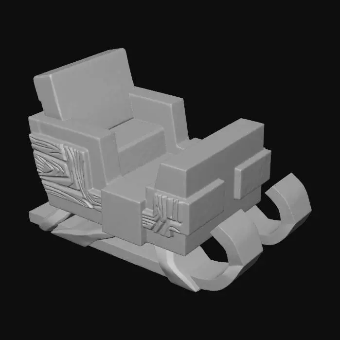 3D model for A grand, abstract Santa's sleigh, sculpted from smooth, uncolored matte plaster. Its sweeping runners are formed by bold, angular planar segments, while the main body is composed of large, rectangular blocks, all in a dominant **arctic white**. A distinct, high backrest in a **muted cranberry red** contrasts sharply. **Integrated, abstract geometric patterns resembling carved wood in a light taupe** adorn its sides. The volumetric form is hard-edged and powerful, embodying the elegant spirit of a "White Christmas" journey. #Christmas2025#