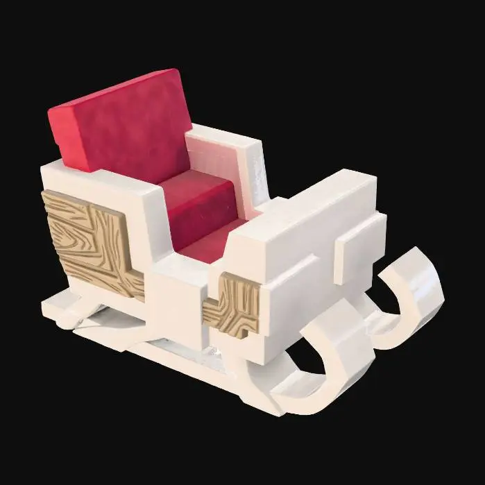 3D model for A grand, abstract Santa's sleigh, sculpted from smooth, uncolored matte plaster. Its sweeping runners are formed by bold, angular planar segments, while the main body is composed of large, rectangular blocks, all in a dominant **arctic white**. A distinct, high backrest in a **muted cranberry red** contrasts sharply. **Integrated, abstract geometric patterns resembling carved wood in a light taupe** adorn its sides. The volumetric form is hard-edged and powerful, embodying the elegant spirit of a "White Christmas" journey. #Christmas2025#