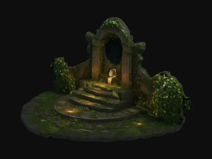3D model for A hidden forest clearing with a crumbling stone altar, overgrown with ivy and surrounded by glowing runes. Include interactive elements like movable rocks or a puzzle mechanism.