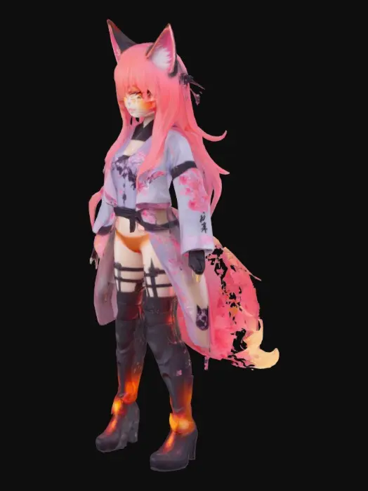 3D model for Limited-edition anime-style catgirl avatar with a vibrant sakura fire theme, glowing cherry blossom petals swirling around, long ombre hair fading from pastel pink to ember red, shimmering fox-cat hybrid ears, soft flame effects on hair tips, glowing eyes with sakura petal irises, cyber kimono jacket with fire motifs, thigh-high armored boots with gold detailing, pastel-blazing tail, holographic tattoos on cheeks, standing on molten cherry blossom path, expressive face, stylized shading, AR/VR streamer avatar, Quest + PC ready, collectible aesthetic, Smooth topology and clear silhouette and Premium 3D avatar rendering