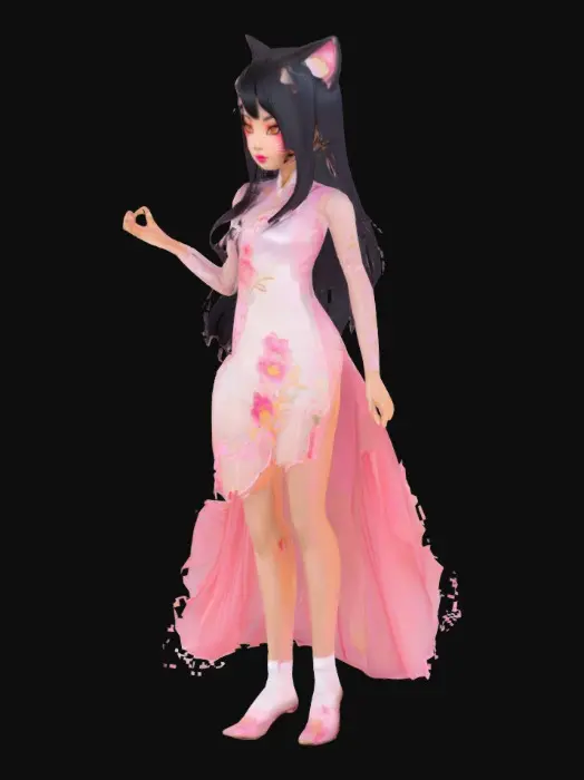 3D model for Limited-edition stylized anime catgirl avatar inspired by Vietnamese culture, wearing a pastel pink and ivory cyber áo dài with floral embroidery and flowing translucent tails, long silky black hair with lotus hairpin and glowing cat ears, warm golden glowing eyes with lotus-shaped pupils, soft peach makeup, floating Vietnamese lanterns around her, soft shading, futuristic silk sandals, gentle cherry blossom and incense particles, ideal for VRChat and VTubing, Quest and PC ready, cultural dream-core fusion aesthetic with Smooth topology, clear silhouette and Premium 3D avatar rendering