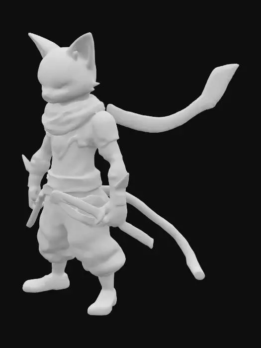 3D model for Low-poly male cat-boy ninja with glitching holographic armor plates, animated weapon toggles (shuriken/katana), emissive circuit tattoos on visible skin, dynamic scarf with cloth physics. Cel-shaded textures for Quest 2/3 compatibility. Includes combat stance pose and FBT-friendly topology. #PVP #Anime trending design