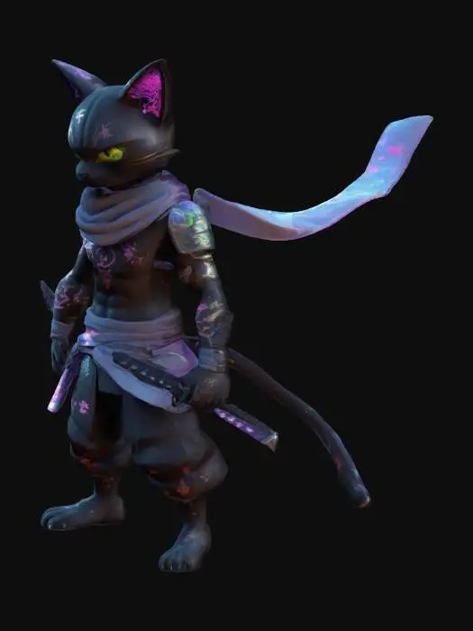 3D model for Low-poly male cat-boy ninja with glitching holographic armor plates, animated weapon toggles (shuriken/katana), emissive circuit tattoos on visible skin, dynamic scarf with cloth physics. Cel-shaded textures for Quest 2/3 compatibility. Includes combat stance pose and FBT-friendly topology. #PVP #Anime trending design
