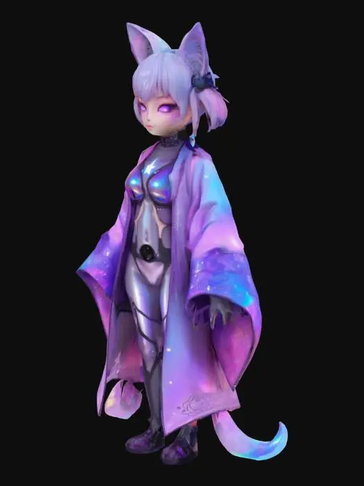 3D model for Anime-style catgirl avatar in limited-edition celestial pastel techwear, long iridescent silver-pink twin tails with galaxy shimmer, holographic cat ears, glowing crescent moon earrings, crystal choker, lavender and sapphire gradient cyber kimono jacket, sleek fitted bodysuit with embedded rune circuitry, floating hologram tails, soft glowing eyes with star pupils, silver-blue claws, pastel stardust makeup, soft spotlight effect, stylized shading, streamer-ready VRChat avatar, Quest + PC compatible, premium collectible design with Smooth topology and clear silhouette