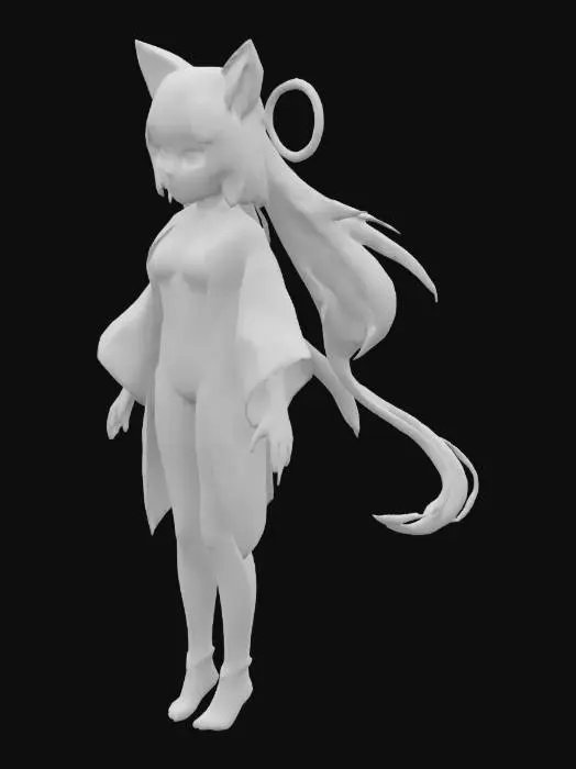 3D model for Anime-style catgirl avatar in limited-edition celestial pastel techwear, long iridescent silver-pink twin tails with galaxy shimmer, holographic cat ears, glowing crescent moon earrings, crystal choker, lavender and sapphire gradient cyber kimono jacket, sleek fitted bodysuit with embedded rune circuitry, floating hologram tails, soft glowing eyes with star pupils, silver-blue claws, pastel stardust makeup, soft spotlight effect, stylized shading, streamer-ready VRChat avatar, Quest + PC compatible, premium collectible design with Smooth topology and clear silhouette