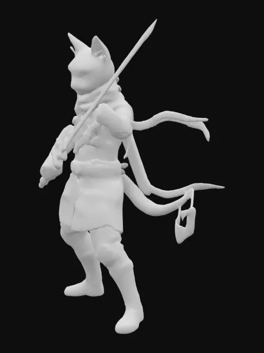 3D model for Low-poly male cat-boy ninja with glitching holographic armor plates, animated weapon toggles katana, emissive circuit tattoos on visible skin, dynamic scarf with cloth physics. Cel-shaded textures for Quest 2/3 compatibility. Includes combat stance pose and FBT-friendly topology. PVP, Anime trending design