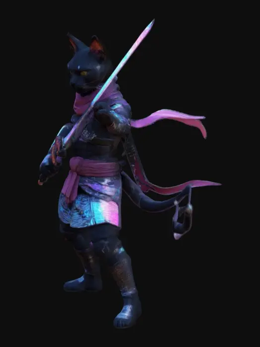 3D model for Low-poly male cat-boy ninja with glitching holographic armor plates, animated weapon toggles katana, emissive circuit tattoos on visible skin, dynamic scarf with cloth physics. Cel-shaded textures for Quest 2/3 compatibility. Includes combat stance pose and FBT-friendly topology. PVP, Anime trending design