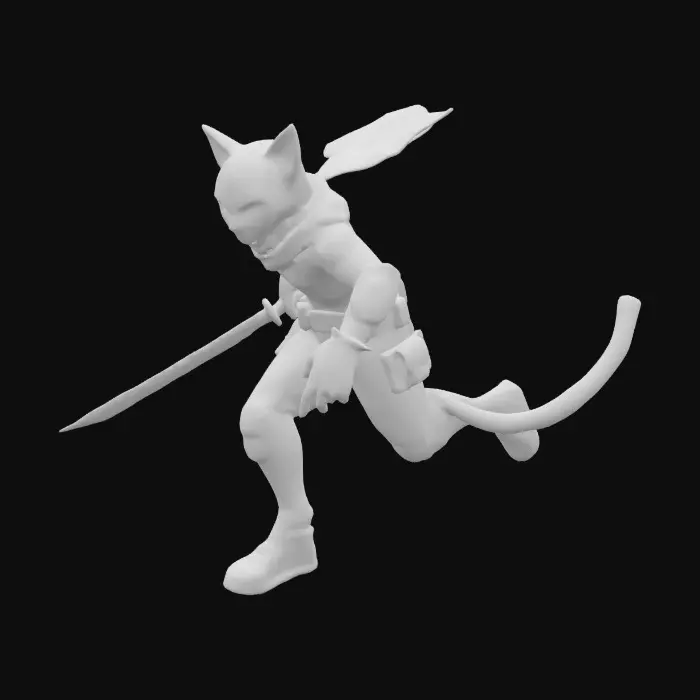 3D model for Full-body anime cyber-ninja catboy assassin, dynamic sprinting pose with glowing katana, features:  
- Glitched holographic armor plates (chest/shoulders) with emissive circuit patterns  
- Animated weapon toggles: retractable wrist blades + energy shuriken hip holster  
- Photorealistic cloth physics scarf (red/black gradient)  
- Matte black bodysuit with neon blue cyber-tattoos (pulse animation)  
- Low-poly cel-shaded style (<12k tris), Quest 3 optimized  
- Modular accessories: toggle able mask/visor + stealth-mode VFX aura  
- Kemono traits: expressive feline eyes (glow toggle), articulated cyber-tail  
- Technical specs: Viseme-ready topology, FBT hip alignment, 4K PBR textures  
- Trending elements: AnimePVP  movement  
Prompt tags: VRChat_ready, Quest_optimized, toggle_system