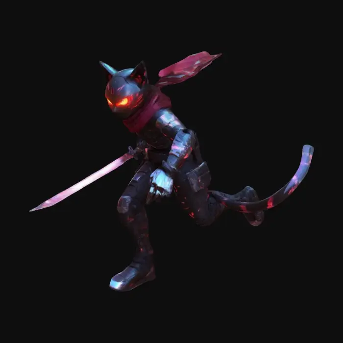 3D model for Full-body anime cyber-ninja catboy assassin, dynamic sprinting pose with glowing katana, features:  
- Glitched holographic armor plates (chest/shoulders) with emissive circuit patterns  
- Animated weapon toggles: retractable wrist blades + energy shuriken hip holster  
- Photorealistic cloth physics scarf (red/black gradient)  
- Matte black bodysuit with neon blue cyber-tattoos (pulse animation)  
- Low-poly cel-shaded style (<12k tris), Quest 3 optimized  
- Modular accessories: toggle able mask/visor + stealth-mode VFX aura  
- Kemono traits: expressive feline eyes (glow toggle), articulated cyber-tail  
- Technical specs: Viseme-ready topology, FBT hip alignment, 4K PBR textures  
- Trending elements: AnimePVP  movement  
Prompt tags: VRChat_ready, Quest_optimized, toggle_system
