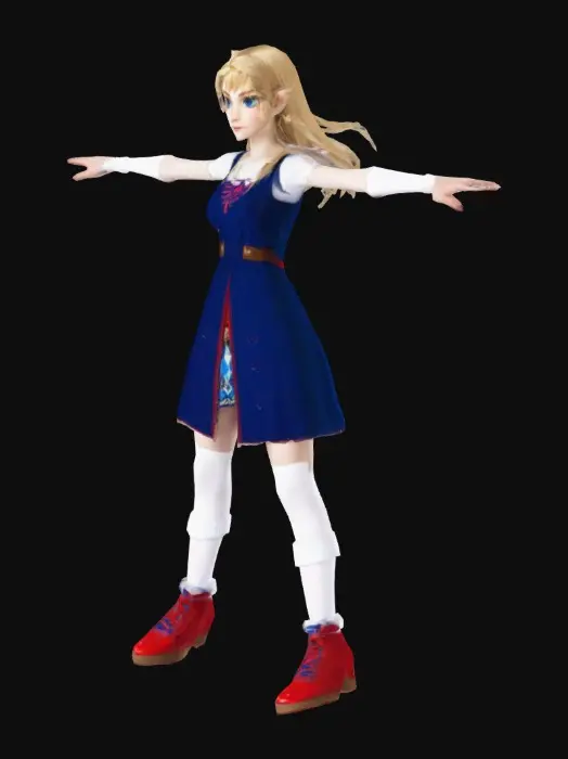 3D model for Zelda, tunic dress, blonde hair, blue eyes, short white socks, midnight red footwear.