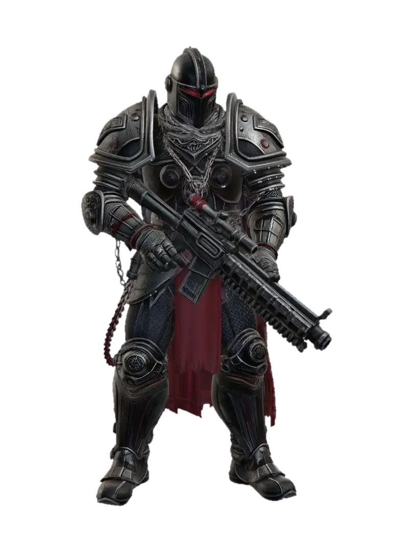 A battle-scarred knight in cracked baroque power armor covered in dents, rust, and… - Visor 3D model, vytvořený pomocí AI