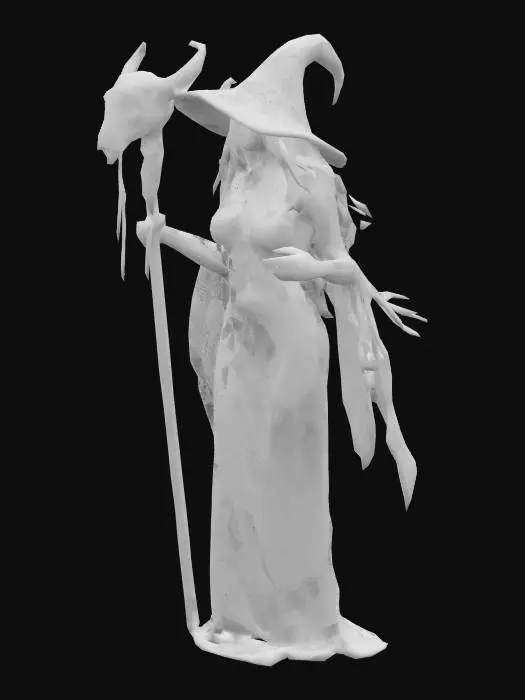 3D model for A beautiful witch in a jet black attire standing and holding a long and thick wooden stick with a skull of a bison on top.