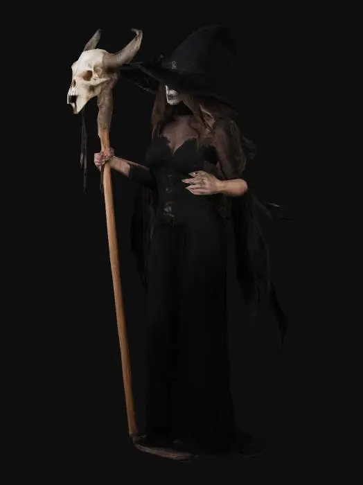 3D model for A beautiful witch in a jet black attire standing and holding a long and thick wooden stick with a skull of a bison on top.