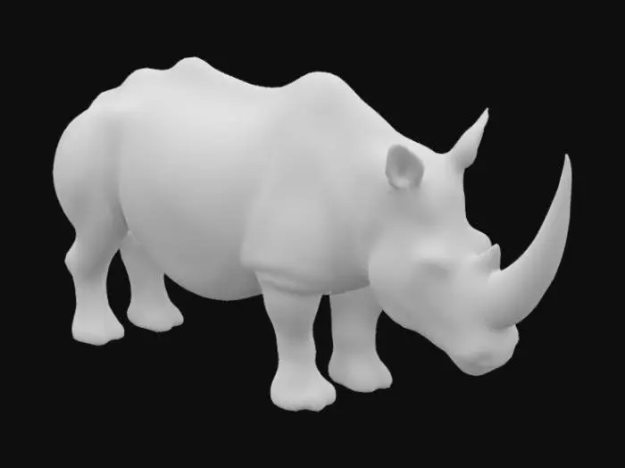 3D model for create an image of realistic standing one horn rhino in ash color and a trees behind
