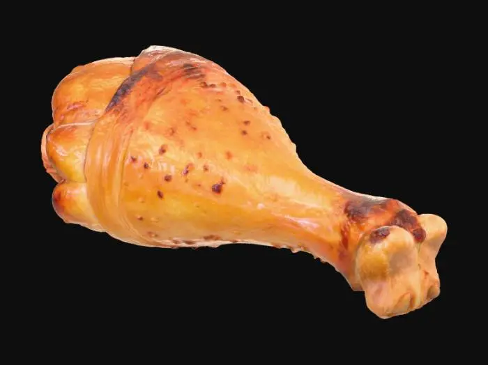 3D model for A perfectly roasted chicken drumstick, featuring crispy, golden-brown skin that glistens with a thin layer of fat. The surface is subtly wrinkled and mottled, revealing the texture of the cooked poultry beneath. Its shape is distinctively conical, tapering from a thick, meaty end to a clean bone. The skin would feel delightfully crunchy, while the meat beneath appears tender and juicy, a rich, inviting amber color., #food#