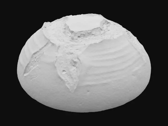 3D model for A freshly baked artisan bread loaf, oval-shaped with a deeply scored, rustic top crust that is golden-brown and slightly charred in places. The surface texture is coarse and crackly, revealing a hint of the airy, irregular crumb inside. Fine dusting of flour may cling to its uneven exterior. It feels firm and warm, with a satisfyingly crusty tactile quality, hinting at a soft, aromatic interior.