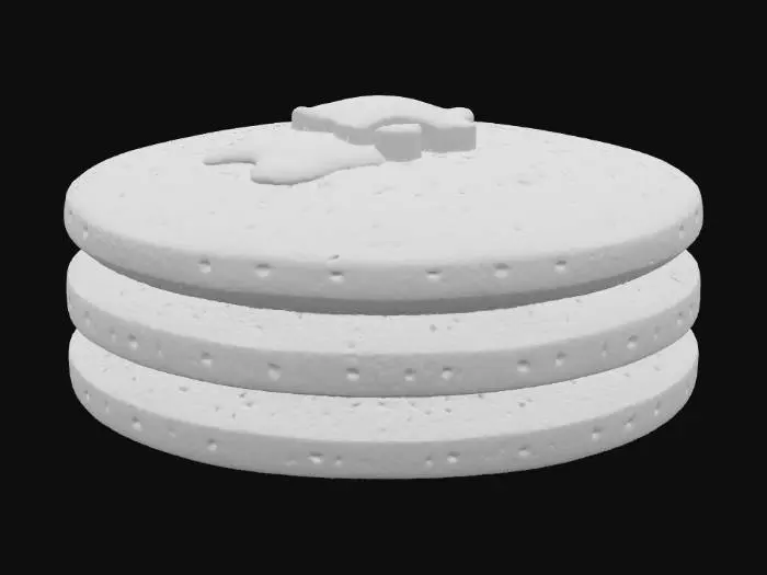 3D model for A stack of three golden-brown pancakes, perfectly round and uniformly thick, with a light, airy texture. The surface is subtly pockmarked with tiny bubbles, indicating its fluffy consistency. A small pat of melting butter rests on the top pancake, glistening. The edges are lightly crisped. They appear soft and warm, with a tender, slightly porous tactile quality, ready to absorb syrup.