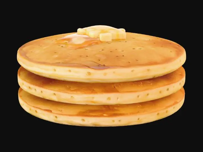 3D model for A stack of three golden-brown pancakes, perfectly round and uniformly thick, with a light, airy texture. The surface is subtly pockmarked with tiny bubbles, indicating its fluffy consistency. A small pat of melting butter rests on the top pancake, glistening. The edges are lightly crisped. They appear soft and warm, with a tender, slightly porous tactile quality, ready to absorb syrup.