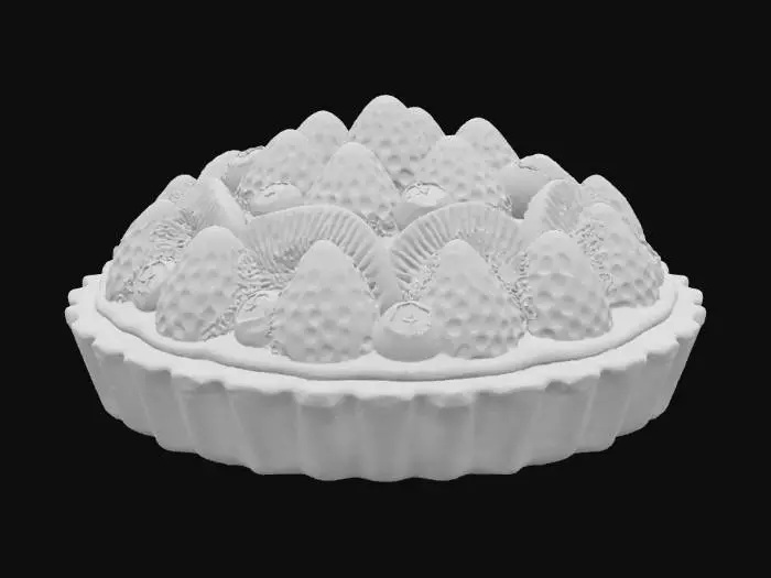 3D model for A colorful fruit tart, round in shape, featuring a crisp, golden-brown shortbread crust with fluted edges. Its center is filled with a smooth, pale yellow custard, providing a creamy contrast. Arranged meticulously on top are various fresh fruits like glistening red strawberries, vibrant green kiwi slices, and deep blue blueberries, each looking plump and juicy. The surface appears smooth yet textured with the fruit, feeling cool and firm.