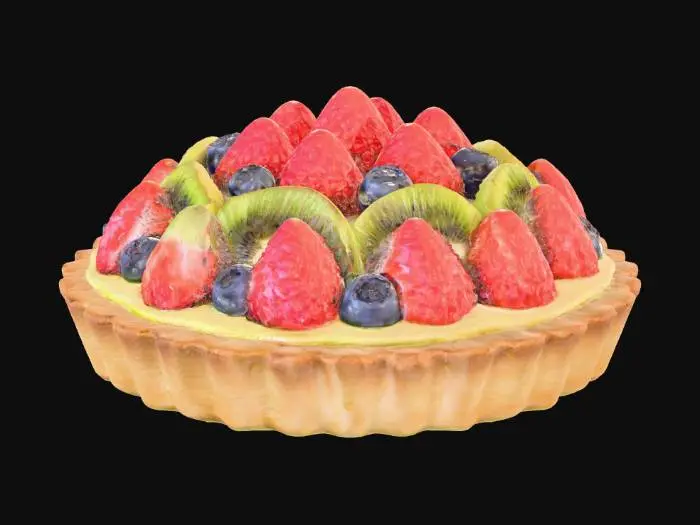 3D model for A colorful fruit tart, round in shape, featuring a crisp, golden-brown shortbread crust with fluted edges. Its center is filled with a smooth, pale yellow custard, providing a creamy contrast. Arranged meticulously on top are various fresh fruits like glistening red strawberries, vibrant green kiwi slices, and deep blue blueberries, each looking plump and juicy. The surface appears smooth yet textured with the fruit, feeling cool and firm.