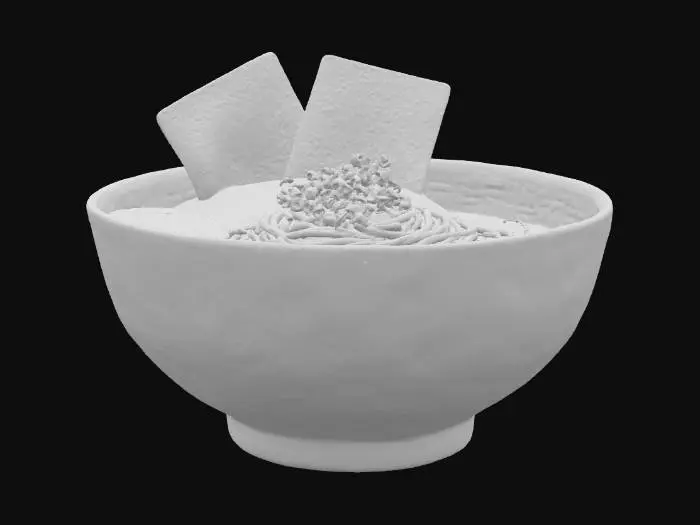 3D model for A steaming bowl of ramen, presented with an artful arrangement of ingredients. Long, pale yellow noodles coil at the bottom, partially submerged in a rich, opaque broth of a light brown hue. Thin slices of pinkish-white pork belly and a perfectly halved soft-boiled egg with a vibrant orange yolk rest on top. Bright green scallions and dark sheets of nori seaweed add contrasting textures and colors, creating a visually appealing, aromatic dish.