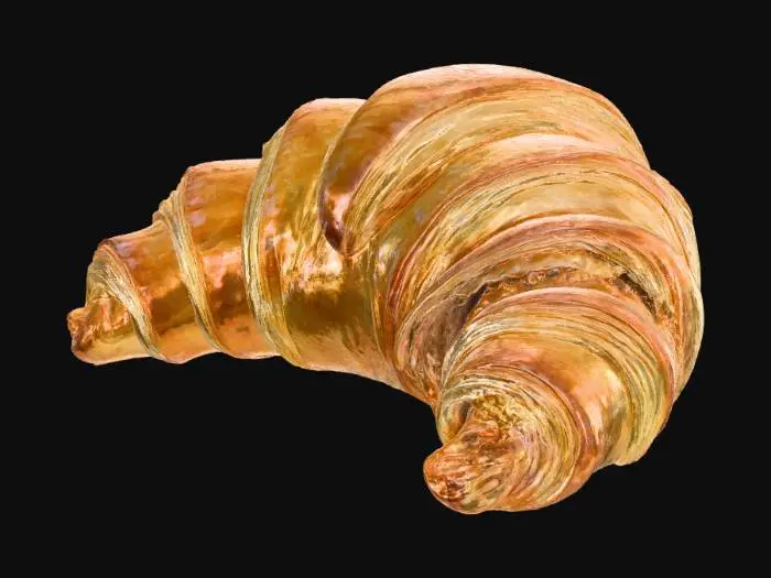 3D model for A fluffy, golden-brown croissant, distinguished by its crescent shape and numerous visible layers of delicate, flaky pastry. The exterior is crisp and slightly uneven, with a gentle gloss from an egg wash. Its interior, revealed where it might be torn, shows an airy, open crumb structure. The color is a warm, inviting golden-tan. It feels light and brittle to the touch, with a fine, buttery texture throughout.