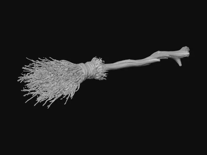 3D model for #Halloween2025#, A sinister, gnarled witch's broomstick, fashioned from dark, twisted wood and bound with brittle, tangled bristles. The handle is uneven and knotty, with a rough, splintered texture that looks uncomfortable to grip. The natural color of the wood is a deep, almost black brown, giving it an aged and mystical appearance, ready for nocturnal flights.