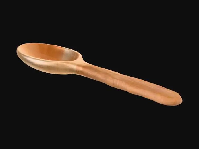 3D model for A rustic, hand-carved wooden spoon, fashioned from light-colored, grainy maple wood. Its bowl is smooth from use, while the handle retains a slightly rougher, tactile texture, showing the individual knife marks. The natural wood color varies from cream to pale brown, highlighting its organic structure and warm, earthy appeal, perfect for an old kitchen.