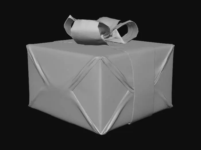 3D model for A neatly wrapped Christmas gift, encased in glossy forest green paper with crisp, precise folds at the corners. A luxurious bright gold satin ribbon is tied around the package, culminating in an elaborate, multi-looped bow positioned prominently on the top surface. The paper feels smooth and slightly cool, while the ribbon is silky and soft. The underlying structure is a simple, sturdy cuboid box.