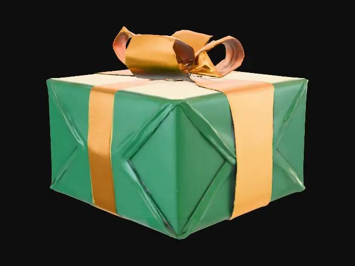 3D model for A neatly wrapped Christmas gift, encased in glossy forest green paper with crisp, precise folds at the corners. A luxurious bright gold satin ribbon is tied around the package, culminating in an elaborate, multi-looped bow positioned prominently on the top surface. The paper feels smooth and slightly cool, while the ribbon is silky and soft. The underlying structure is a simple, sturdy cuboid box.