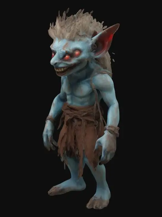 3D model for a fantastical creature that resembles a humanoid figure with a pale, blueish skin tone. It has long, pointed ears and a mane of hair that stands upright along its neck and shoulders. The creature's eyes are red and glowing, and it has a wide, toothy grin. It is wearing a brown, tattered outfit.