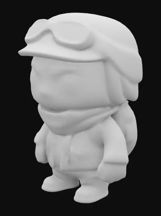3D model for A Funko Pop-style snowboarder with a clean-shaven, slightly nervous expression on their oversized head. A plain, snug-fitting helmet with faint scratches covers their head, and a thick scarf wraps around their neck. Their outfit includes a basic, slightly oversized jacket and simple snow pants in neutral tones.

