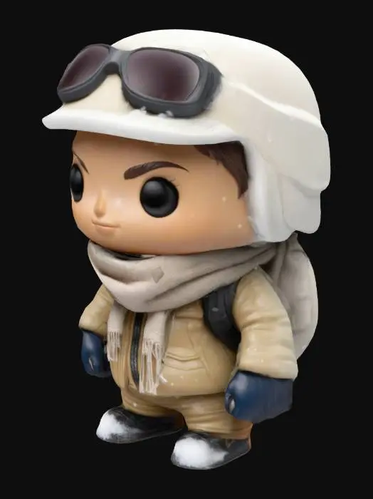 3D model for A Funko Pop-style snowboarder with a clean-shaven, slightly nervous expression on their oversized head. A plain, snug-fitting helmet with faint scratches covers their head, and a thick scarf wraps around their neck. Their outfit includes a basic, slightly oversized jacket and simple snow pants in neutral tones.
