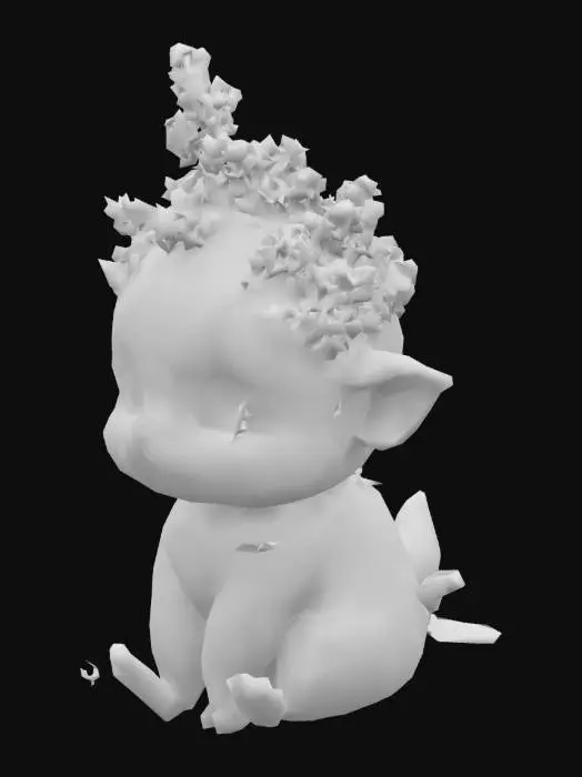 3D model for A tiny, adorable figure with a body covered in soft lilac-colored fuzzy fur. Its head has a tuft of small lilac flowers, and it has big, dreamy purple eyes. Small green leaves peek from its cheeks and shoulders. Overall, a gentle, sweet appearance perfect for a cute forest sprite.