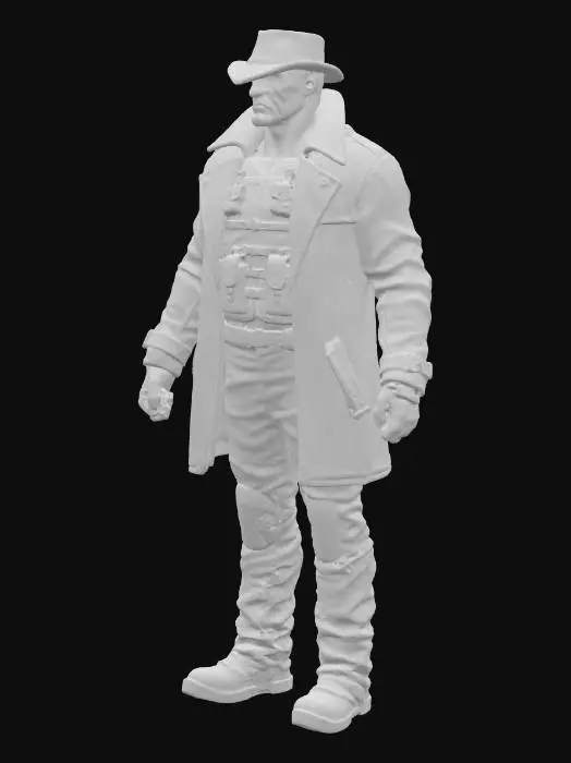 3D model for A seasoned bounty hunter with a lean, athletic build, cloaked in a reinforced, dark grey trench coat made of a durable, slightly textured ballistic fabric. Beneath, a tactical vest of matte black leather hugs their torso, adorned with various pouches. A scarred, determined face, with piercing eyes and a strong jawline, is partially obscured by a low-brimmed hat. The materials feel rugged and robust, with a cool, worn leather touch. Their posture is alert and focused.