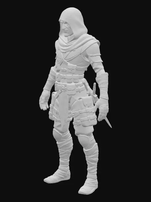 3D model for A cunning rogue with a lithe, agile frame, dressed in worn, dark leather armor that shows signs of patching and repair, providing a slightly rough, pliable texture. Deep green cloth wraps around its forearms and lower legs, offering contrast. Its facial features are sharp, with piercing, observant eyes and a subtle, knowing smirk. A hood casts a shadow over its head, and a multitude of hidden pouches and straps adorn its form, feeling sturdy yet flexible.