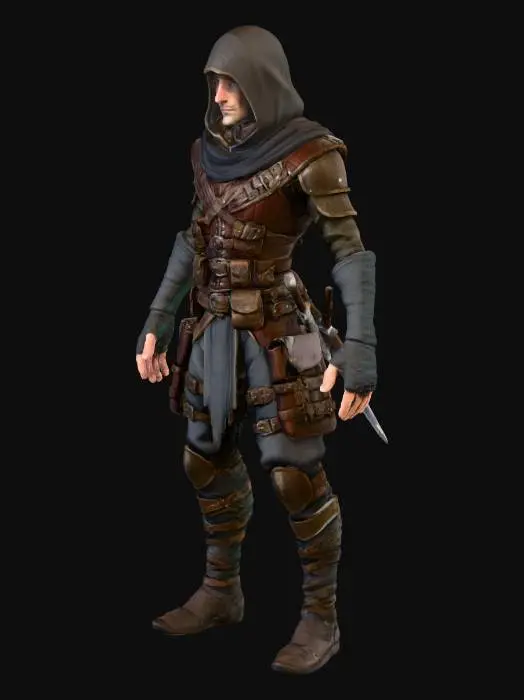 3D model for A cunning rogue with a lithe, agile frame, dressed in worn, dark leather armor that shows signs of patching and repair, providing a slightly rough, pliable texture. Deep green cloth wraps around its forearms and lower legs, offering contrast. Its facial features are sharp, with piercing, observant eyes and a subtle, knowing smirk. A hood casts a shadow over its head, and a multitude of hidden pouches and straps adorn its form, feeling sturdy yet flexible.