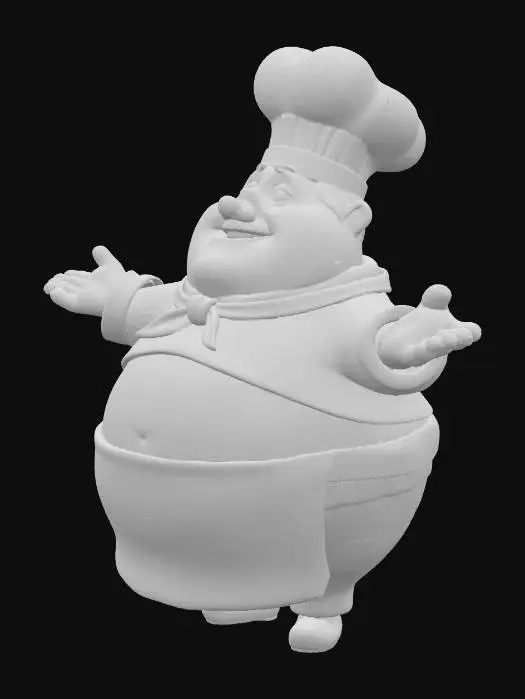 3D model for A vibrant, cartoonish chef character with an exaggerated, round belly and a perpetually cheerful expression. Its skin is a warm, rosy peach tone, with rosy cheeks. It wears a crisp white chef's hat and apron, both made of a smooth, slightly starched fabric. A red and white checkered scarf adds a pop of color. Its hands are large and expressive, suggesting a soft, pliable, and slightly doughy texture.