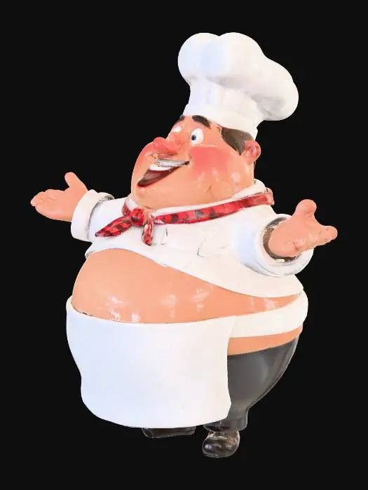 3D model for A vibrant, cartoonish chef character with an exaggerated, round belly and a perpetually cheerful expression. Its skin is a warm, rosy peach tone, with rosy cheeks. It wears a crisp white chef's hat and apron, both made of a smooth, slightly starched fabric. A red and white checkered scarf adds a pop of color. Its hands are large and expressive, suggesting a soft, pliable, and slightly doughy texture.