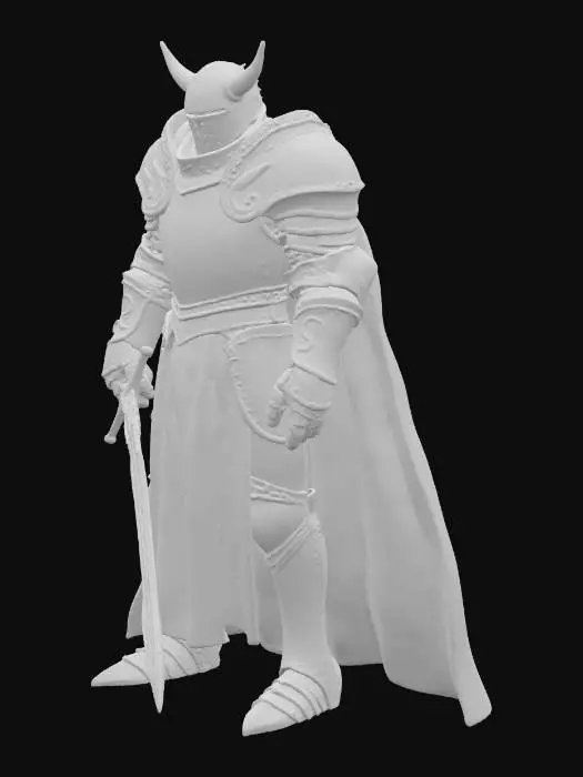 3D model for A heavily armored knight, imposing and robust, encased in gleaming, dark steel plates with intricate gold filigree along the edges. The metal surface is smooth but bears the subtle scratches of countless battles, giving it a weathered texture. A large, crimson cape drapes over its broad shoulders, made of thick, flowing velvet. The helmet is horned, with a narrow visor, projecting an unyielding, powerful stance. The armor feels cold, hard, and immensely heavy.