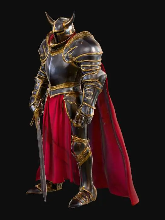 3D model for A heavily armored knight, imposing and robust, encased in gleaming, dark steel plates with intricate gold filigree along the edges. The metal surface is smooth but bears the subtle scratches of countless battles, giving it a weathered texture. A large, crimson cape drapes over its broad shoulders, made of thick, flowing velvet. The helmet is horned, with a narrow visor, projecting an unyielding, powerful stance. The armor feels cold, hard, and immensely heavy.