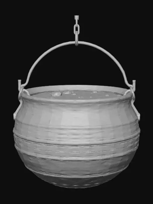 3D model for #Halloween2025#, A bubbling cauldron, seemingly crafted from dark, rough-hewn iron, suspended over an invisible fire. The robust, spherical body is matte black with subtle rust spots, giving it a weathered, ancient feel. Inside, a vibrant, viscous green liquid slowly churns, releasing faint, translucent wisps of vapor, suggesting a magical brew with a thick, syrupy texture.