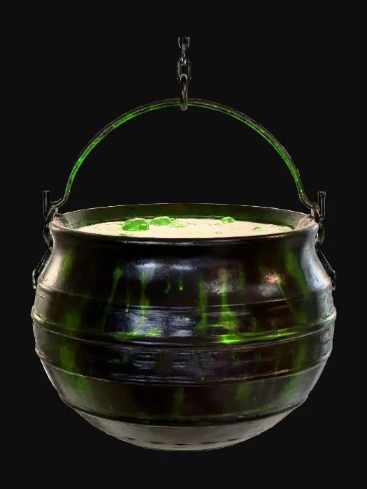3D model for #Halloween2025#, A bubbling cauldron, seemingly crafted from dark, rough-hewn iron, suspended over an invisible fire. The robust, spherical body is matte black with subtle rust spots, giving it a weathered, ancient feel. Inside, a vibrant, viscous green liquid slowly churns, releasing faint, translucent wisps of vapor, suggesting a magical brew with a thick, syrupy texture.