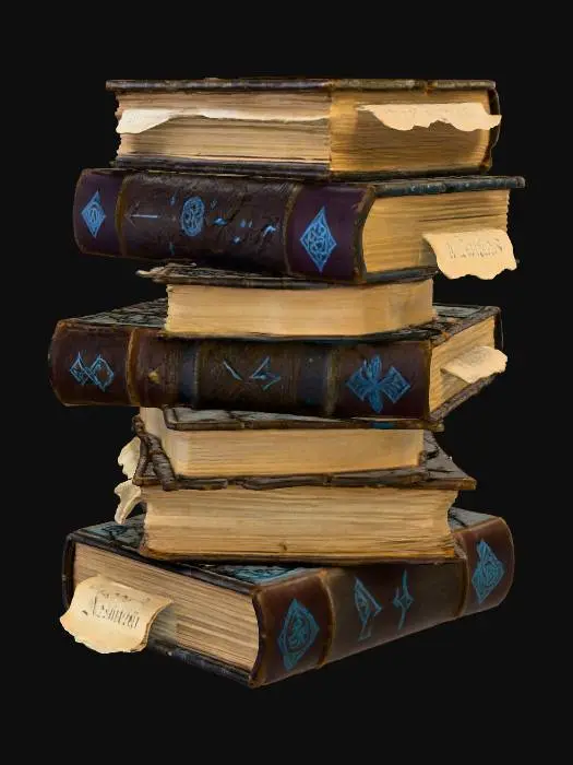3D model for #Halloween2025#, A stack of ancient, leather-bound spellbooks, piled haphazardly. Each book cover is dark and worn, deeply embossed with cryptic symbols and faint, glowing runes. The leather has a cracked and brittle texture, with frayed edges and discolored pages peeking out, hinting at countless forbidden incantations contained within their mysterious, heavy bindings.