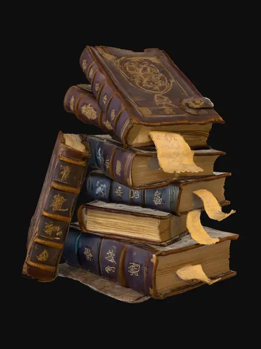 3D model for #Halloween2025#, A stack of ancient, leather-bound spellbooks, piled haphazardly. Each book cover is dark and worn, deeply embossed with cryptic symbols and faint, glowing runes. The leather has a cracked and brittle texture, with frayed edges and discolored pages peeking out, hinting at countless forbidden incantations contained within their mysterious, heavy bindings.