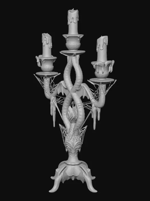 3D model for #Halloween2025#, A ghostly antique candelabra, made of tarnished silver, with three twisting arms holding melted, black wax candles. Its ornate structure features delicate, gothic carvings of bats and cobwebs along the base and stems. The surface is dull and aged, exhibiting a rough, almost corroded texture, hinting at centuries of neglect and eerie use in a forgotten mansion.