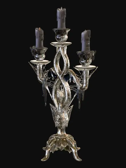3D model for #Halloween2025#, A ghostly antique candelabra, made of tarnished silver, with three twisting arms holding melted, black wax candles. Its ornate structure features delicate, gothic carvings of bats and cobwebs along the base and stems. The surface is dull and aged, exhibiting a rough, almost corroded texture, hinting at centuries of neglect and eerie use in a forgotten mansion.