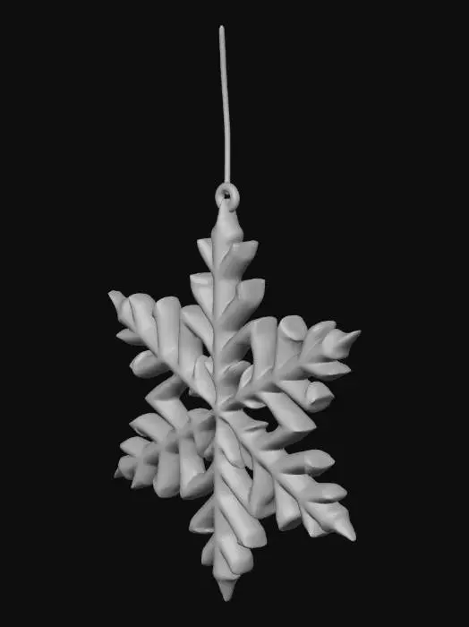 3D model for An elaborate snowflake ornament, crafted from clear, sparkling acrylic, its intricate filigree design featuring six pointed arms branching into delicate crystalline patterns. Each facet catches and refracts light, creating tiny rainbows. A dusting of fine, iridescent glitter adheres to its surface, adding to its frosty appeal. It feels smooth and slightly brittle, with sharply defined edges that are cool to the touch.